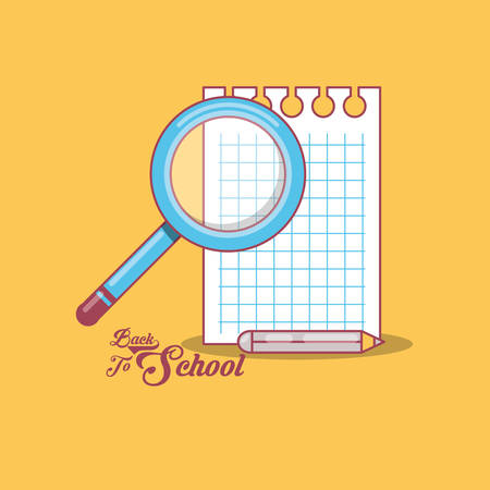 Back to school design with paper sheet and magnifying glass over yellow background, colorful design vector illustration.のイラスト素材