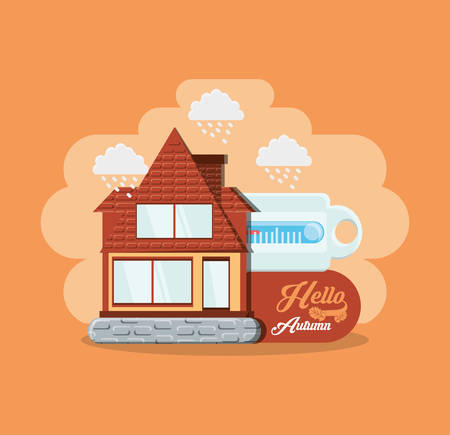 Autumn season design rainy clouds and house with thermometer icon over orange background, colorful design vector illustration.のイラスト素材