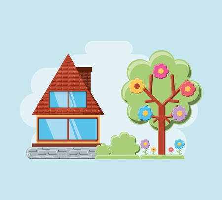 Spring season design with house and beautiful floral tree icon over blue background, colorful design vector illustration.のイラスト素材