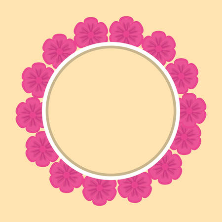 Decorative circular frame with pink tropical flowers over yellow background vector illustration.のイラスト素材