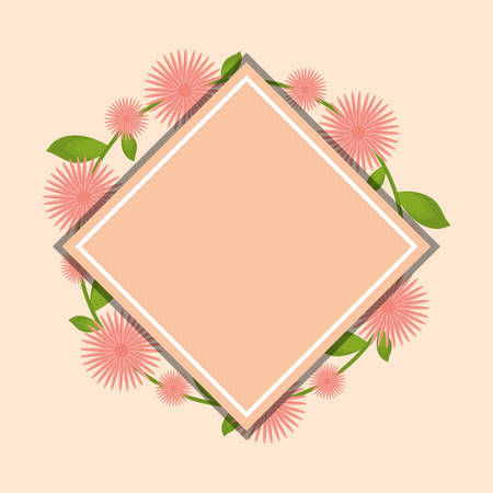 Decorative rhombus frame with wreath of tropical flowers over orange background, vector illustrationのイラスト素材