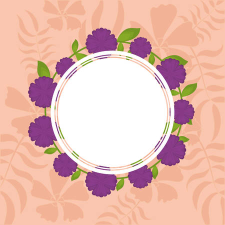 decorative circular frame with purple tropical flowers around over tropical leaves silhouette and orange background vector illustrationのイラスト素材