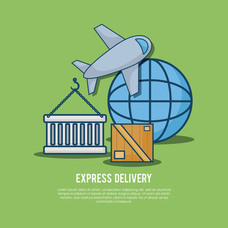 Express delivery design with airplane and global sphere icon over green background, colorful design. vector illustrationのイラスト素材