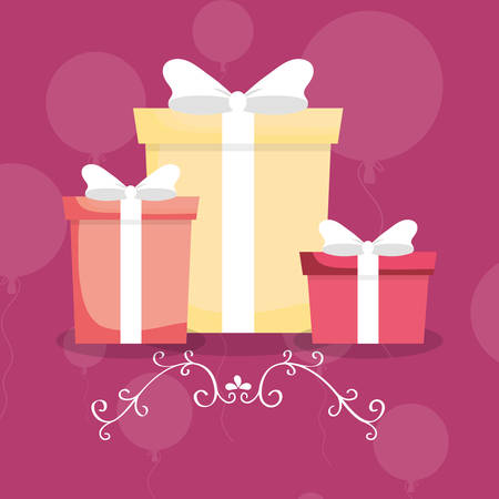 happy birthday design with gift boxes icon over balloons and purple background, vector illustrationのイラスト素材