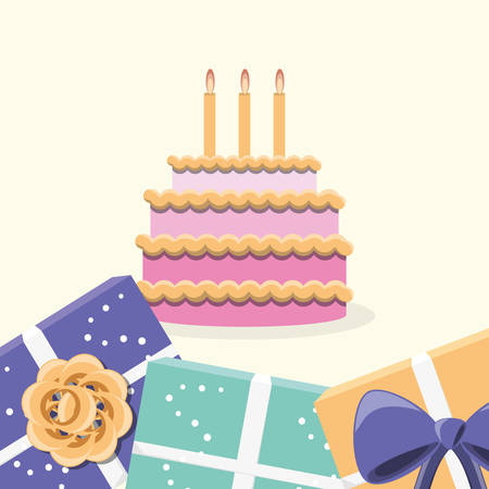 Birthday cake with candles and decorative frame of gift boxes over white background, colorful design vector illustrationのイラスト素材