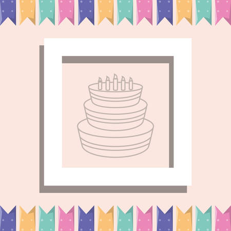 Decorative pennants with white frame and birthday cake icon over pink background, colorful design vector illustrationのイラスト素材