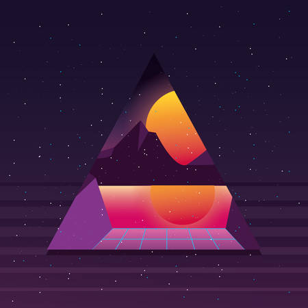 Futuristic and retrowave sunset and mountain designのイラスト素材