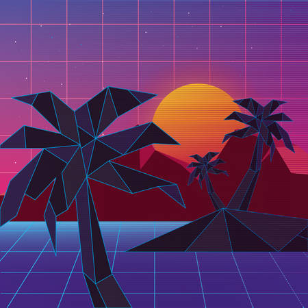 Retrowave design of island with palms, sunset and mountainsのイラスト素材