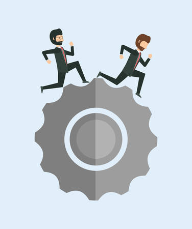 Businessmen running on a giant gear, cartoon style vector illustration on light background.のイラスト素材
