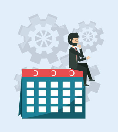Cartoon businessman sitting on calendar planner icon over gears blue background, colorful design, vector illustrationのイラスト素材