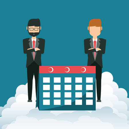 Cartoon businessmen and calendar on a cloud over blue background, colorful design vector illustrationのイラスト素材