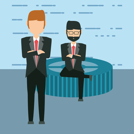 Businessman standing and businessman sitting on a gear wheel icon over blue background, colorful design vector illustrationのイラスト素材