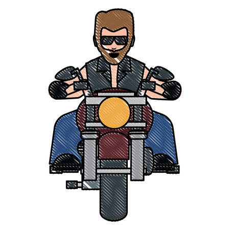Bearded Man Riding a vintage Motorcycle over white background, colorful design. vector illustrationのイラスト素材