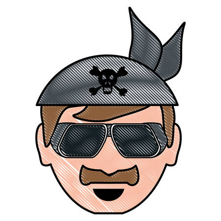 cartoon motorcycle biker with sunglasses and bandana with skull icon over white background, colorful design. vector illustrationのイラスト素材