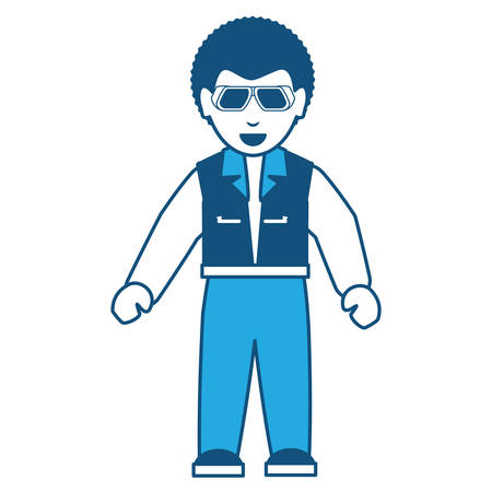 Cartoon motorcycle biker with sunglasses standing over white background, blue shading design vector illustrationのイラスト素材