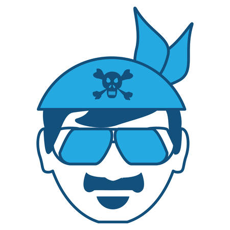 cartoon motorcycle biker with sunglasses and bandana with skull icon over white background, blue shading design. vector illustrationのイラスト素材
