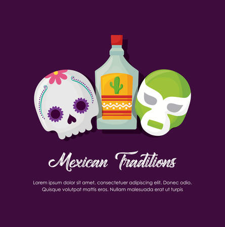Mexican traditions design with calavera and tequila bottle with Mexican Wrestler Mask over purple background, colorful design vector illustrationのイラスト素材