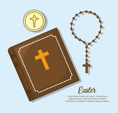 easter celebration design with bible and prayer beads over blue background, colorful design vector illustrationのイラスト素材