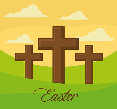 easter celebration design with three crosses over landscape background, colorful design vector illustrationのイラスト素材