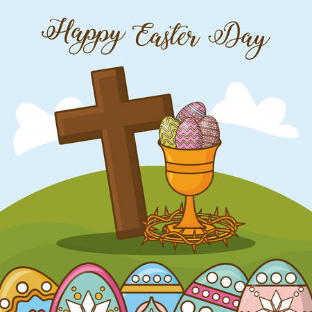 Happy Easter day design with cross and colorful eggsのイラスト素材