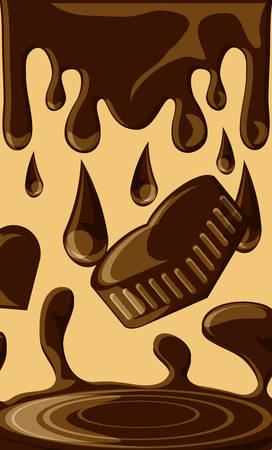 Melted chocolate and falling chocolate heart over yellow background vector illustration.のイラスト素材