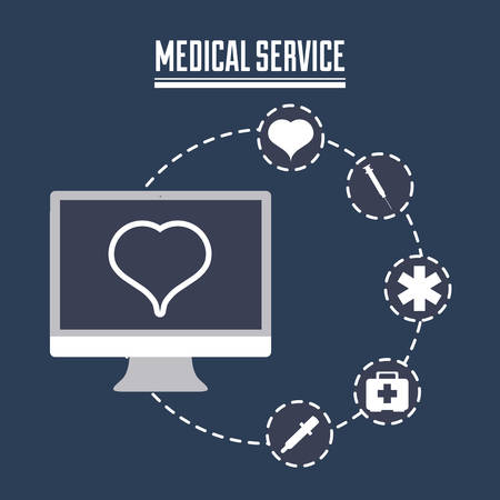 Computer with medical service related icons over background, colorful design vector illustrationのイラスト素材