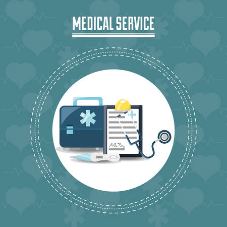Medical service design with first aid kit and medical report icon over circle and blue background, colorful design vector illustrationのイラスト素材