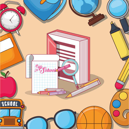Back to school design with clock, bus and pencilのイラスト素材