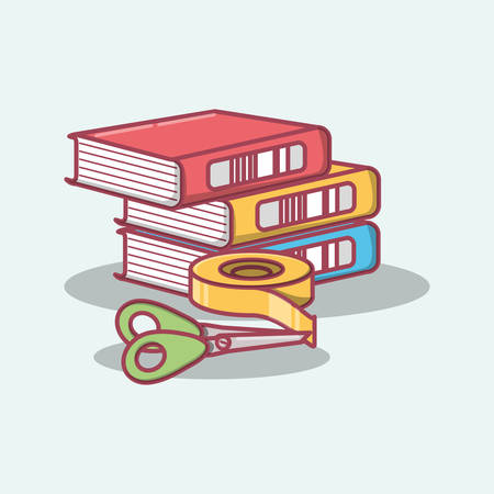 Back to school with stack of books and scissors over blue background, colorful design vector illustration.のイラスト素材