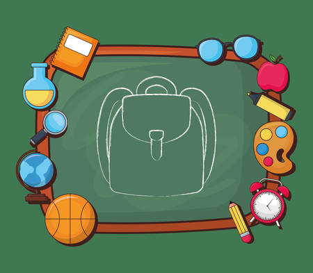 Back to school design with chalkboard and backpack with school objects around over green background, colorful design vector illustrationのイラスト素材