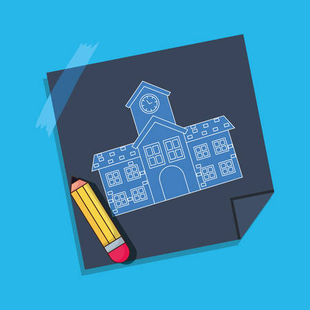 Tape with school building and pencil over blue background, colorful design vector illustrationのイラスト素材