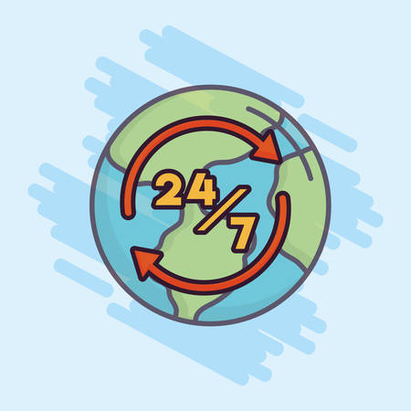 Symbol and earth planet icon with 247 over blue background, colorful design vector illustrationのイラスト素材