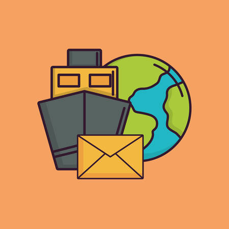 Cargo ship with earth planet and envelope icon over background, colorful design vector illustrationのイラスト素材