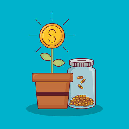 money plant and bottle with coins over blue background, colorful design vector illustrationのイラスト素材