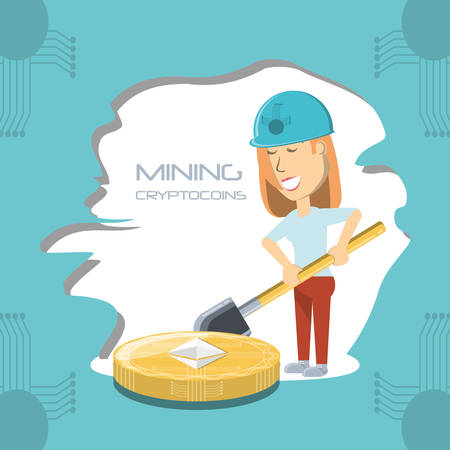 A cartoon woman with a shovel and Cryptozoic over white and blue background, colorful design vector illustrationのイラスト素材