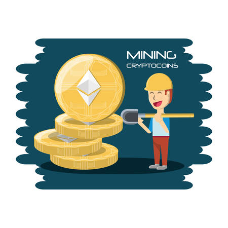 Cartoon man with a shovel mining ethereum coins over blue and white background, colorful design vector illustrationのイラスト素材
