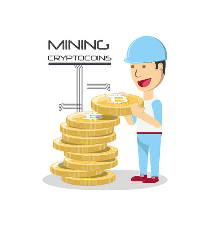 A Mining crypto-coins design with cartoon man and stack of coins over white background, colorful design vector illustrationのイラスト素材