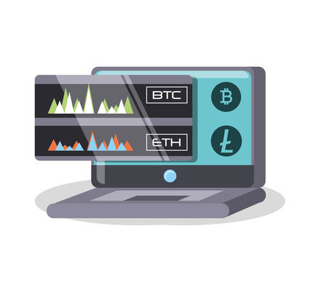 A laptop computer with trading of crypto coins on screen over white background, colorful design vector illustrationのイラスト素材