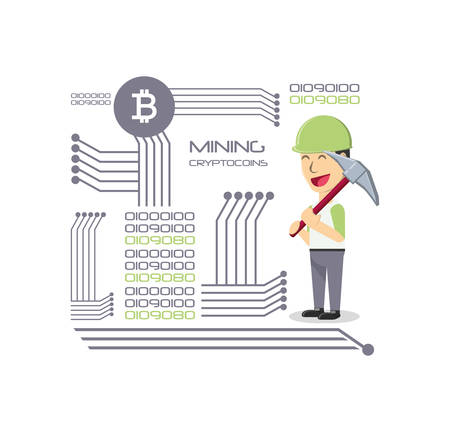 A mining crypto-coins design with cartoon man with pick axe and binary codes over white background, colorful design vector illustrationのイラスト素材