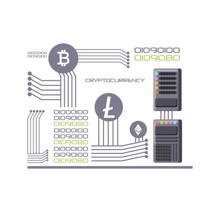 A crypto-currency design with binary codes and electric circuits over white background, colorful design vector illustrationのイラスト素材