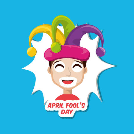 April fools day design with cartoon boy with jester hat icon over blue background, colorful design vector illustrationのイラスト素材