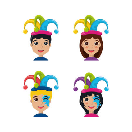 cartoon people with jester hats icon set over white background, colorful design vector illustrationのイラスト素材