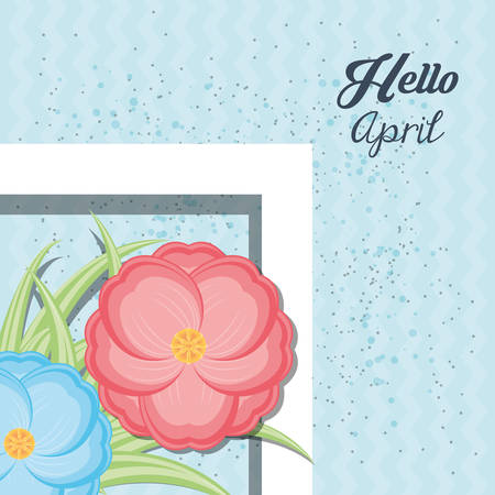 Hello april design with decorative frame with beautiful flowers over blue background, vector illustrationのイラスト素材