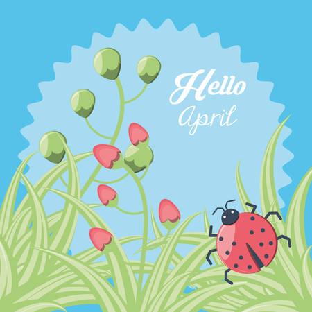 Hello april design with grass with beautiful bug icon over blue background vector illustrationのイラスト素材