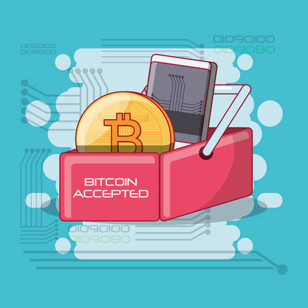 bitcoin accepted design with shopping basket with bitcoin coin and smartphone over blue background, colorful design vector illustrationのイラスト素材