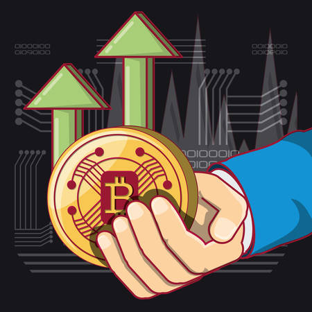 Hand holding a bitcoin coin over green arrows rising up and black background, colorful design vector illustrationのイラスト素材