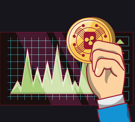 Hand holding a bitcoin coin over  graphic chart and black background, colorful design vector illustrationのイラスト素材