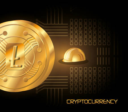 litecoin coin and golden helmet icon over black background, colorful design vector illustrationのイラスト素材