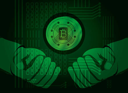 green shading design with hands and bitcoin coin vector illustrationのイラスト素材