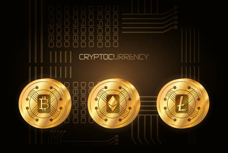 golden coins of dyfferent types of cryptocurrency over black background, colorful design vector illustrationのイラスト素材